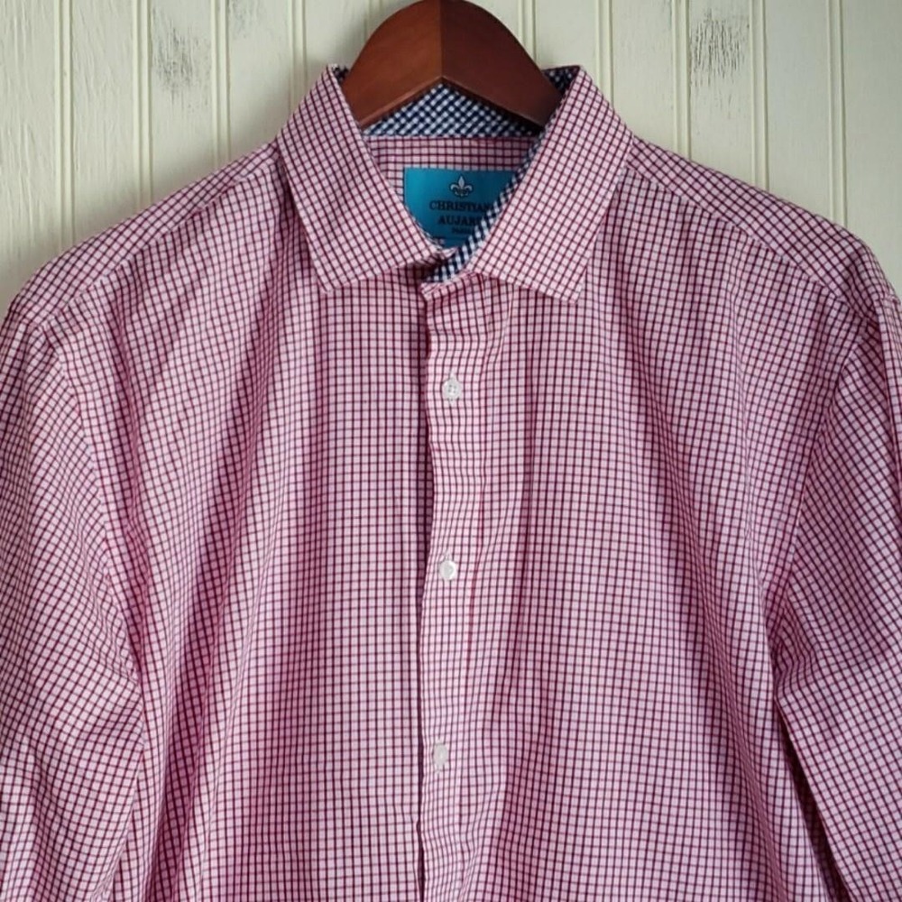 Christian Aujard Shirt Mens Medium Red Check Long‎ Sleeve Button Up Dress Casual